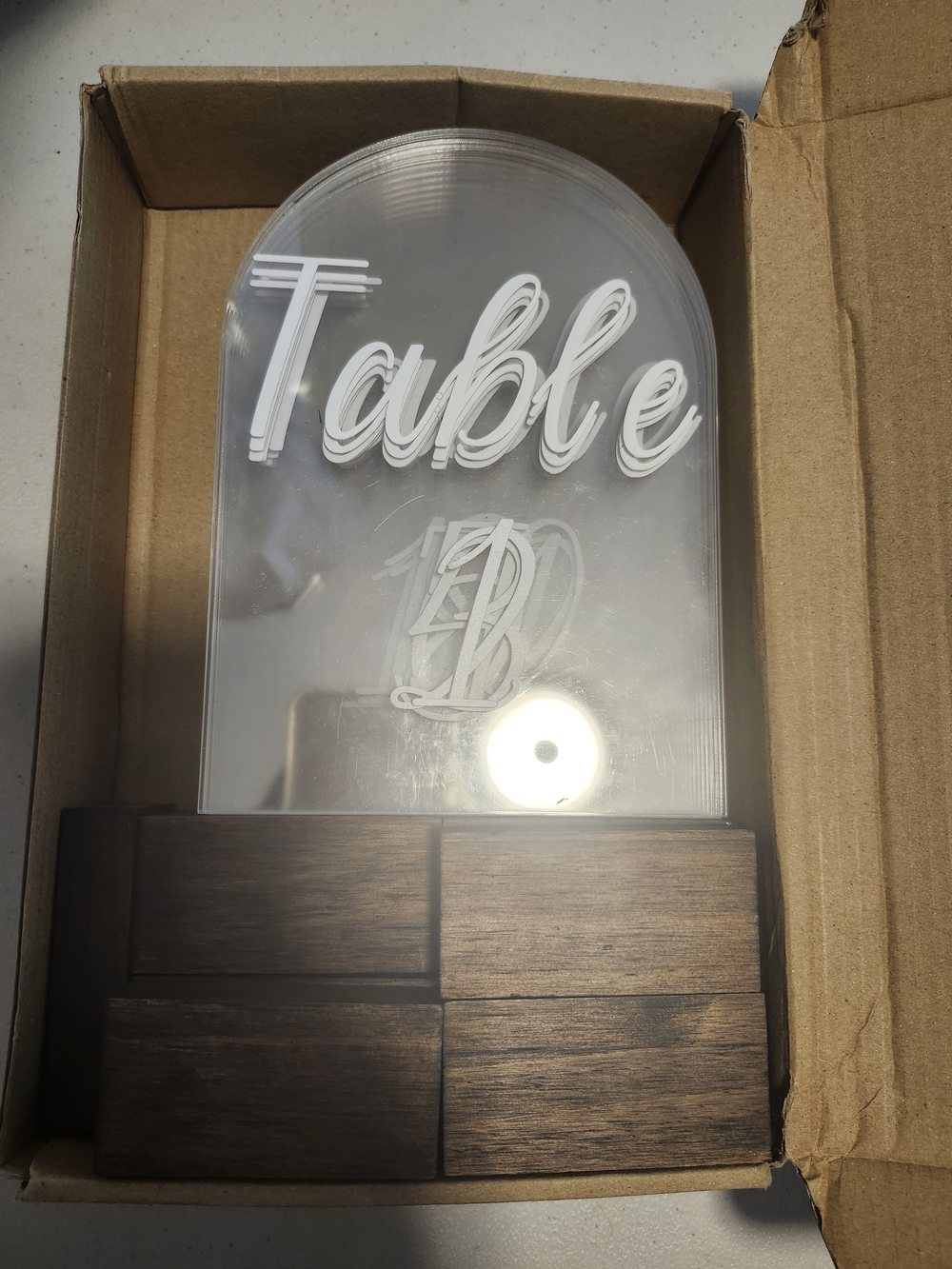 Acrylic Table Number with Wood Block Base - Clear & Dark Brown